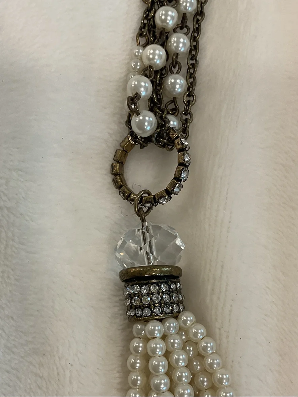 Chico's Cream Pearl Tassel Necklace with Antique Gold Chains